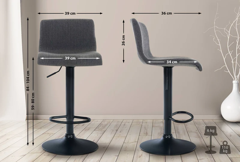 Tabouret de bar avec repose-pieds pivotant dossier incurvé en tissu gris foncé et métal noir 10_0004961