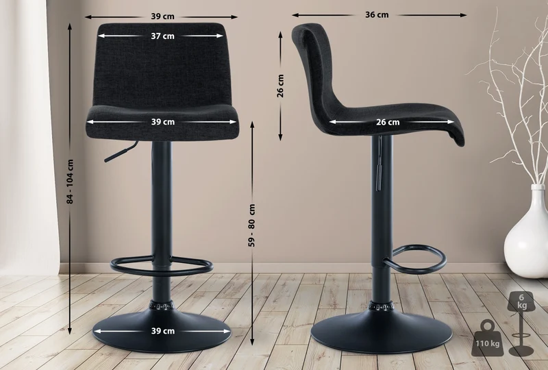 Tabouret de bar x1 design simple avec repose-pieds en tissu noir pieds en métal noir 10_0004559