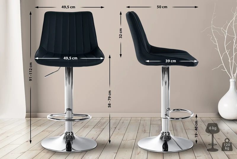 Tabouret de bar x1 réglable en hauteur pivotant à 360° assise en PVC noir couture verticale pied métal aspect chromé 10_0005421