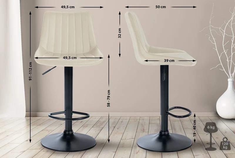 Lot de 2 tabourets de bar réglable en hauteur pivotant à 360° assise en similicuir crème couture verticale pied métal noir 10_0006779