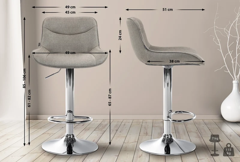 Lot de 2 tabourets de bar pivotant forme ergonomique surpiqûres décoratives en tissu taupe cadre en métal chromé 10_0005998