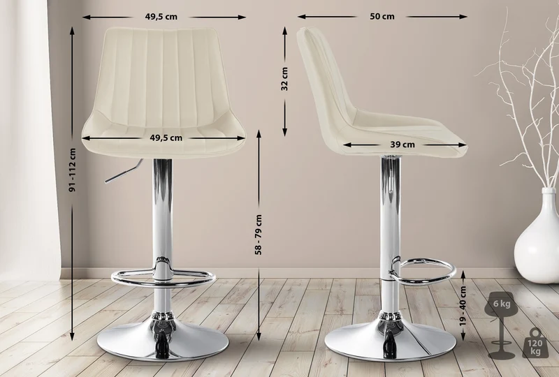Tabouret de bar x1 réglable en hauteur pivotant à 360° assise en similicuir crème couture verticale pied métal chromé 10_0006558