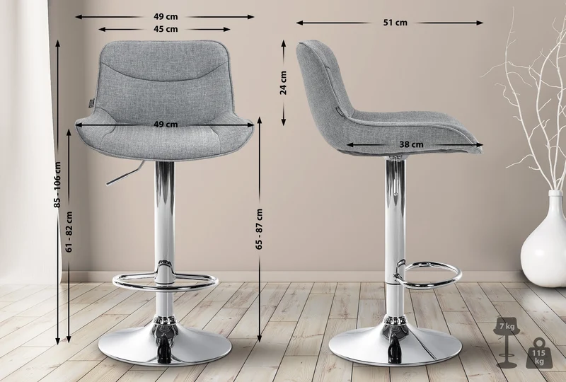 Lot de 2 tabourets de bar pivotant forme ergonomique surpiqûres décoratives en tissu gris cadre en métal chromé 10_0006200