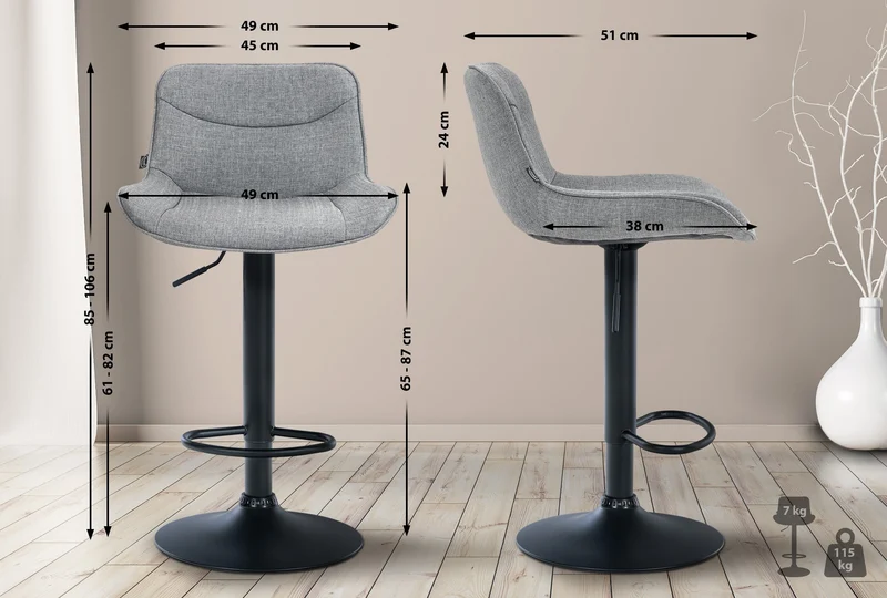 Lot de 2 tabourets de bar pivotant forme ergonomique surpiqûres décoratives en tissu gris cadre en métal noir 10_0006182