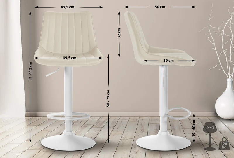 Lot de 2 tabourets de bar réglable en hauteur pivotant à 360° assise en similicuir crème couture verticale pied métal blanc 10_0006777