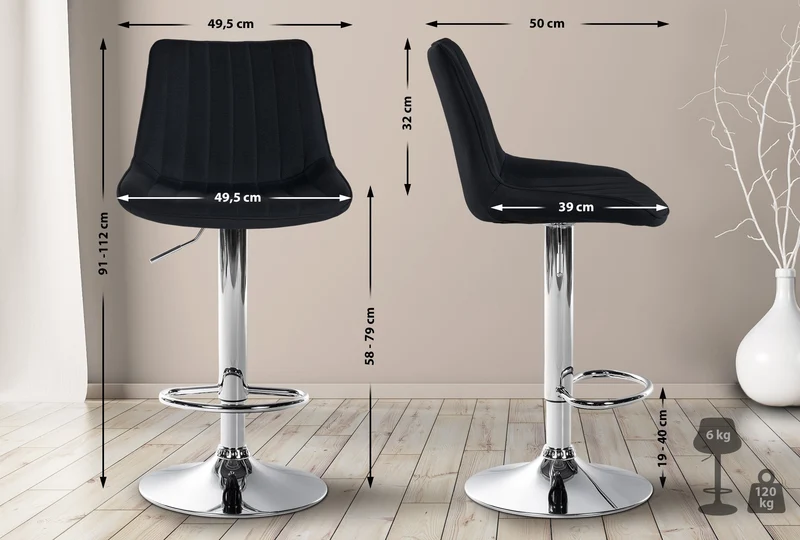 Lot de 2 tabourets de bar réglable en hauteur pivotant à 360° assise en tissu noir couture verticale pied métal chromé 10_0006409