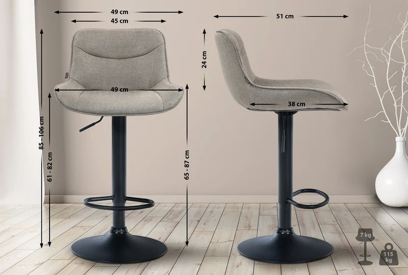 Tabouret de bar x1 pivotant forme ergonomique surpiqûres décoratives en tissu taupe cadre en métal noir 10_0005765