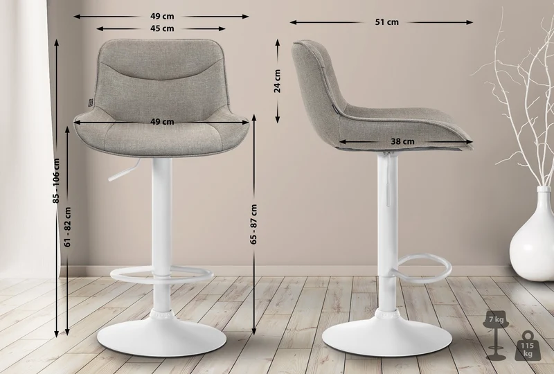 Tabouret de bar x1 pivotant forme ergonomique surpiqûres décoratives en tissu taupe cadre en métal blanc 10_0005762