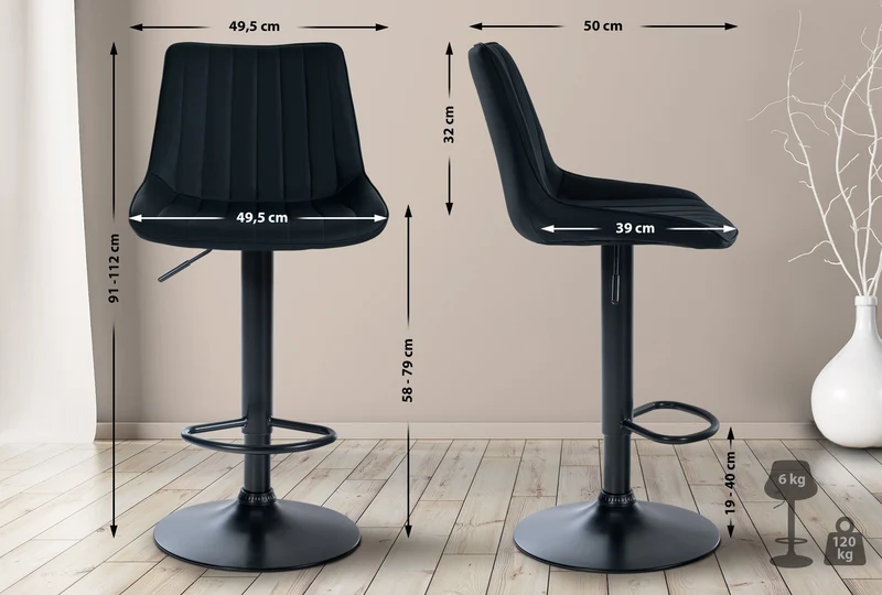Tabouret de bar x1 réglable en hauteur pivotant à 360° assise en PVC noir couture verticale pied métal noir 10_0005423
