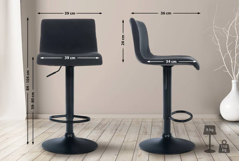 Tabouret de bar x1 avec repose-pieds pivotant dossier incurvé en tissu noir et métal noir 10_0004963