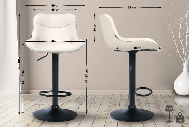 Lot de 2 tabourets de bar x1 avec coutures décoratives en PVC crème pied en trompette métal noir 10_0004455