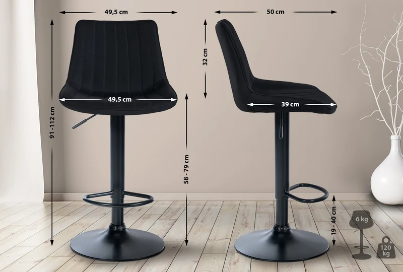 Lot de 2 tabourets de bar réglable en hauteur pivotant à 360° assise en tissu noir couture verticale pied métal noir 10_0006408