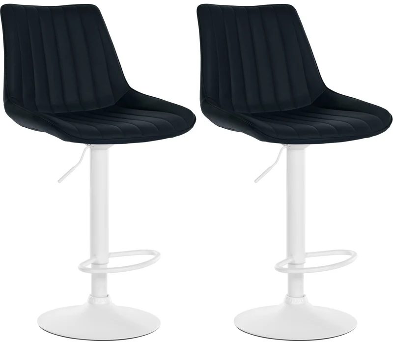 Lot de 2 tabourets de bar réglable en hauteur pivotant à 360° assise en PVC noir couture verticale pied métal blanc 10_0004425