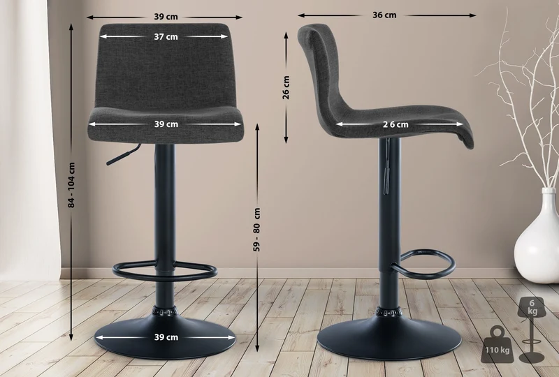 Tabouret de bar x1 design simple avec repose-pieds en tissu gris foncé pieds en métal noir 10_0004557