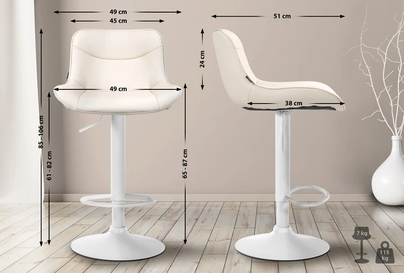 Lot de 2 tabourets de bar x1 avec coutures décoratives en PVC crème pied en trompette métal blanc 10_0004457