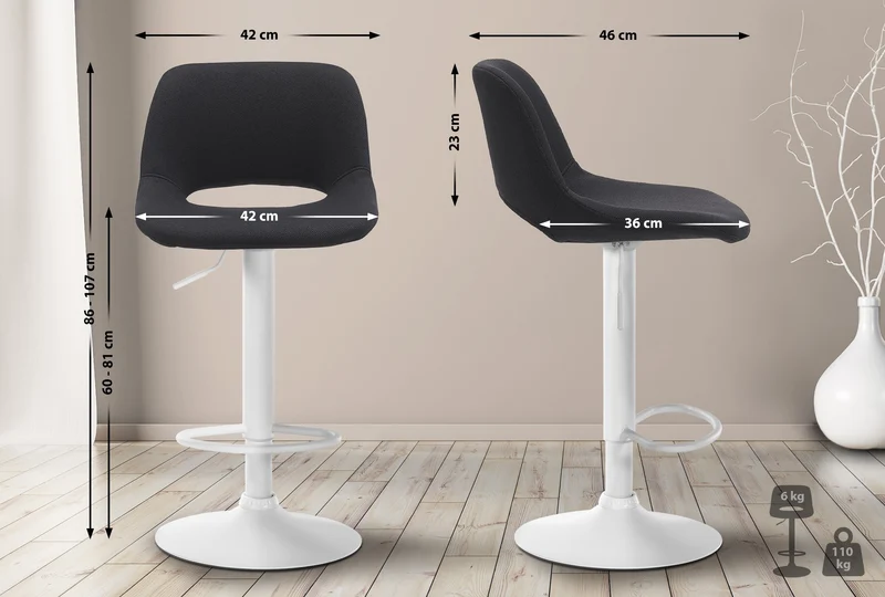 Tabouret de bar chaise haute x1 avec repose-pieds en tissu noir piètement métallique blanc 10_0004619