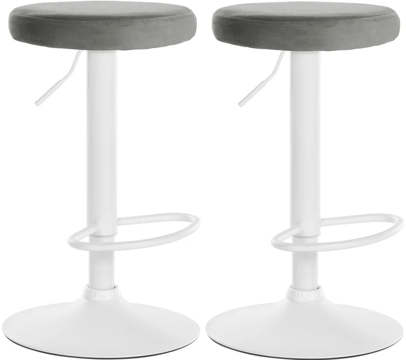 Lot de 2 tabourets de bar avec assise en tissu velours gris et cadre métal blanc TDB10700