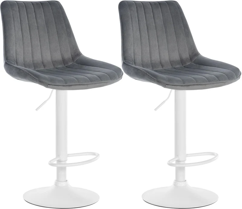 Lot de 2 tabourets de bar réglable en hauteur pivotant à 360° assise en velours gris couture verticale pied métal blanc 10_0006729