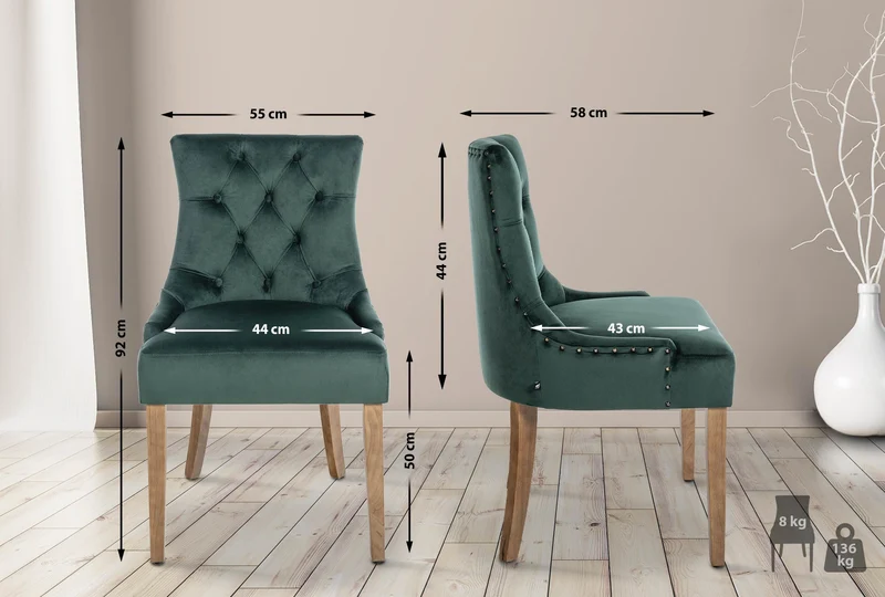 Chaise de salle à manger x1 design antique capitonné en velours vert foncé avec 4 pieds en bois clair 10_0001946