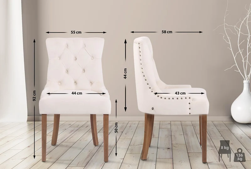 Chaise de salle à manger x1 design antique capitonné en velours crème avec 4 pieds en bois clair 10_0001943