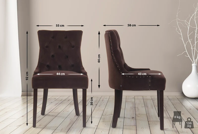 Chaise de salle à manger x1 design antique capitonné en velours marron avec 4 pieds en bois marron 10_0001934
