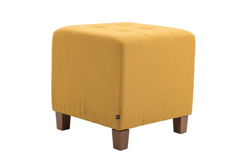 Tabouret bas repose-pieds pouf capitonné en tissu jaune pieds en bois 45x46 cm 10_0000159