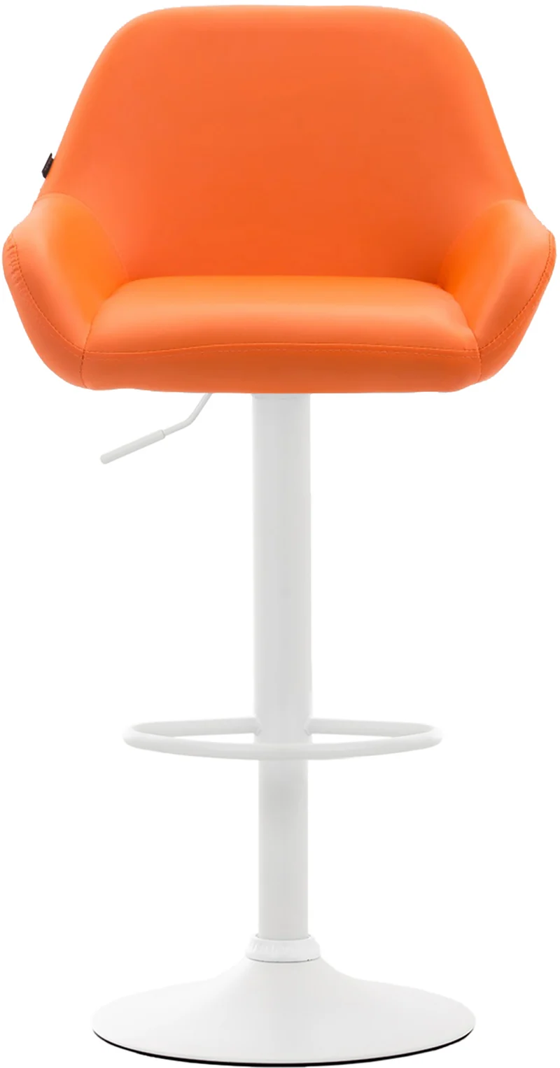 Tabouret de bar x1 en similicuir orange hauteur réglable 63-83 cm pivotant 360° piètement trompette métal blanc avec dossier et repose-pieds 10_0006476