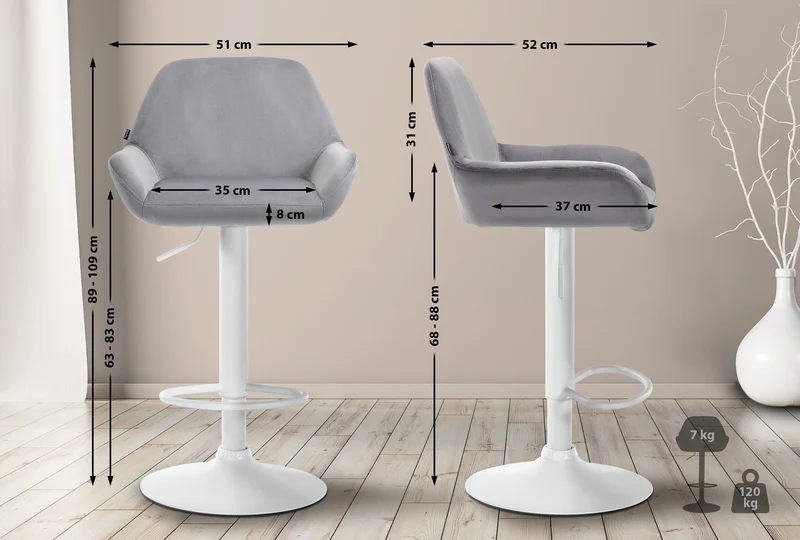 Lot de 2 tabourets de bar repose-pieds en forme d'arc en métal blanc assise en velours gris 10_0004037
