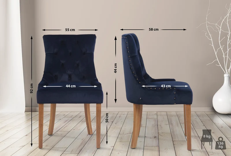 Chaise de salle à manger x1 design antique capitonné en velours bleu avec 4 pieds en bois clair 10_0001945