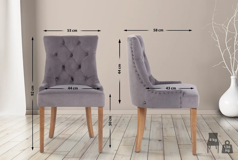 Chaise de salle à manger x1 design antique capitonné en velours gris avec 4 pieds en bois clair 10_0001941
