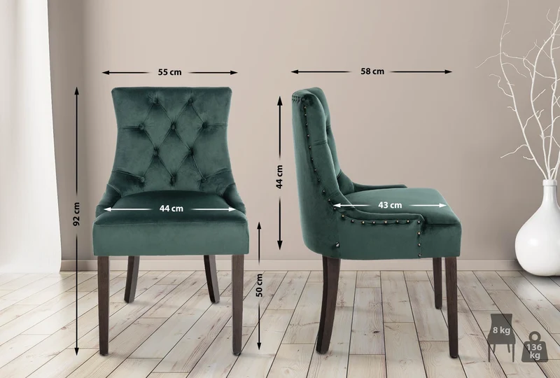 Chaise de salle à manger x1 design antique capitonné en velours vert avec 4 pieds en bois marron 10_0001936