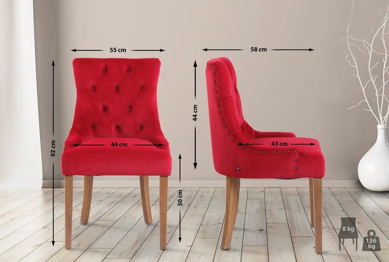 Chaise de salle à manger x1 design antique capitonné en velours rouge avec 4 pieds en bois clair 10_0001939