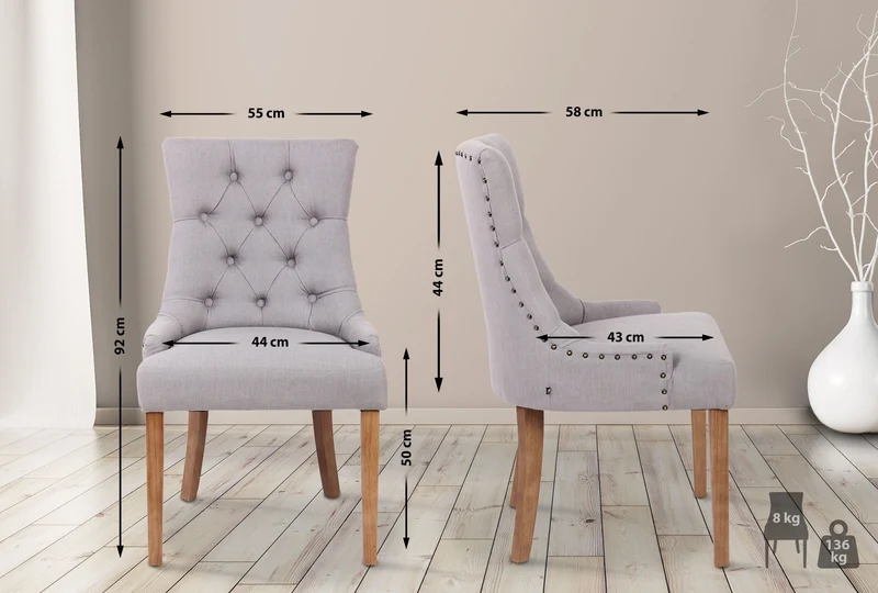 Lot de 2 chaises de salle à manger avec boutons décoratives assise en tissu gris 10_0001524