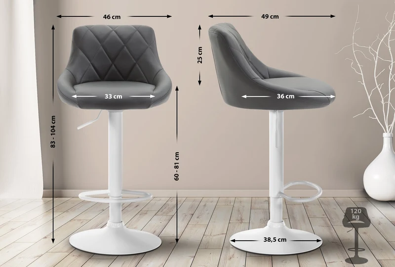 Tabouret de bar en synthétique gris pivotant avec repose-pieds métal blanc coutures décoratives TDB10592