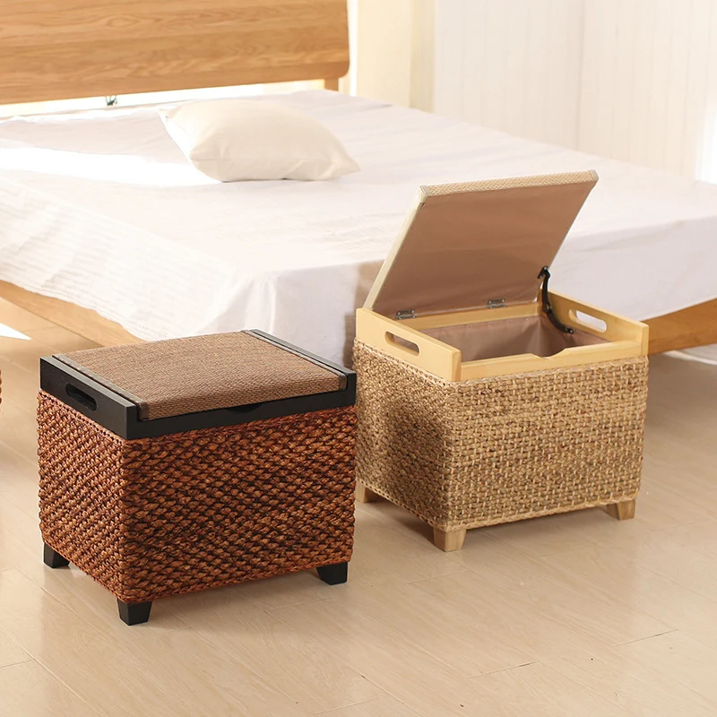 Traditional Chinese Square Pine Wood Plywood Narcissus Vine Storage Low Stool 1-Cabinet For Bedroom