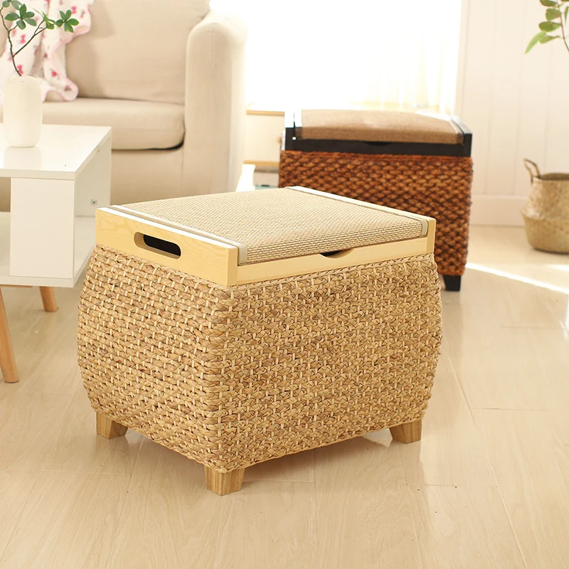 Traditional Chinese Square Pine Wood Plywood Narcissus Vine Storage Low Stool 1-Cabinet For Bedroom