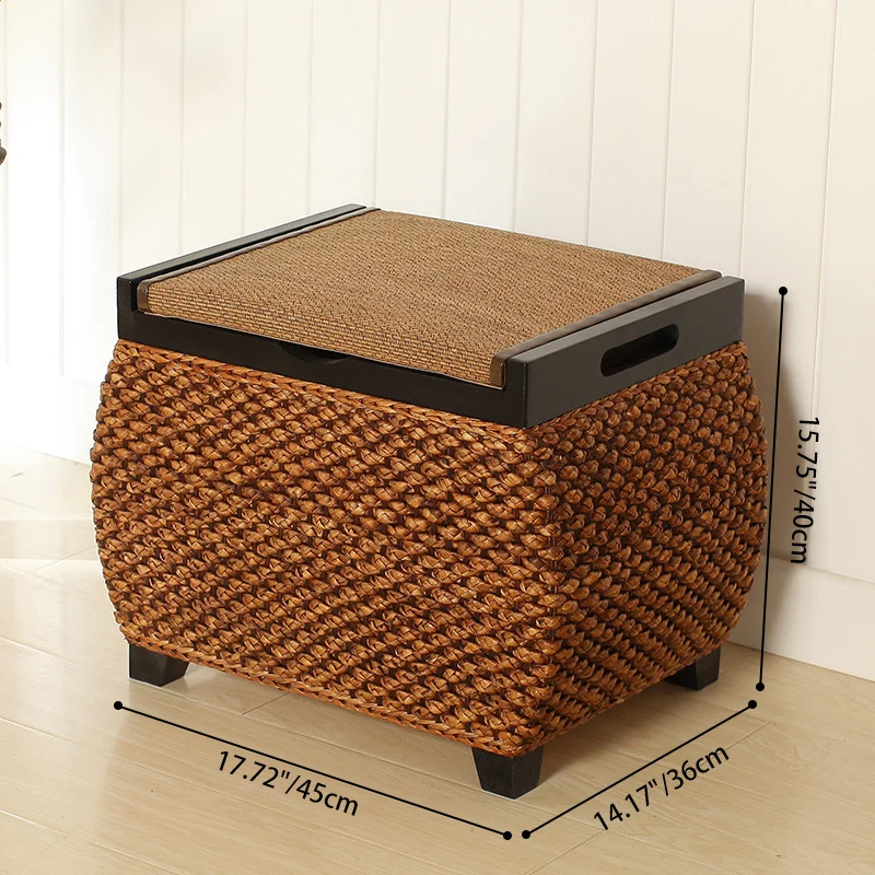 Traditional Chinese Square Pine Wood Plywood Narcissus Vine Storage Low Stool 1-Cabinet For Bedroom