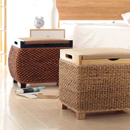 Traditional Chinese Square Pine Wood Plywood Narcissus Vine Storage Low Stool 1-Cabinet For Bedroom