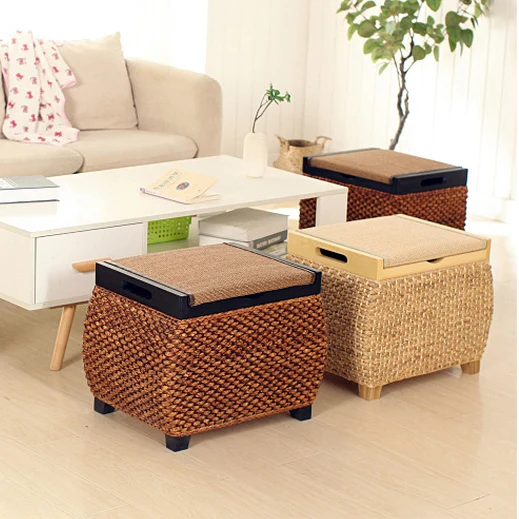 Traditional Chinese Square Pine Wood Plywood Narcissus Vine Storage Low Stool 1-Cabinet For Bedroom