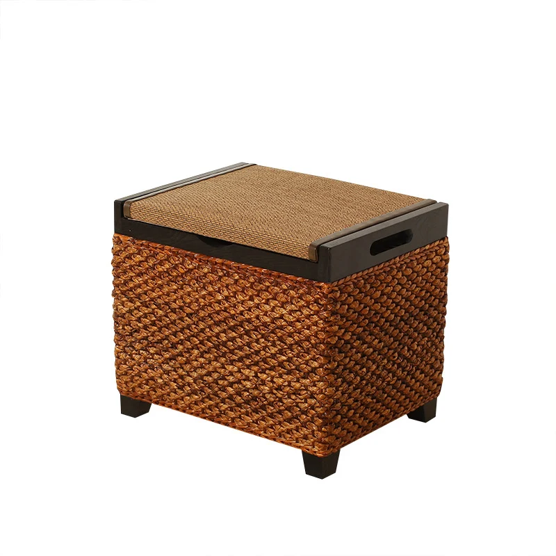 Traditional Chinese Square Pine Wood Plywood Narcissus Vine Storage Low Stool 1-Cabinet For Bedroom