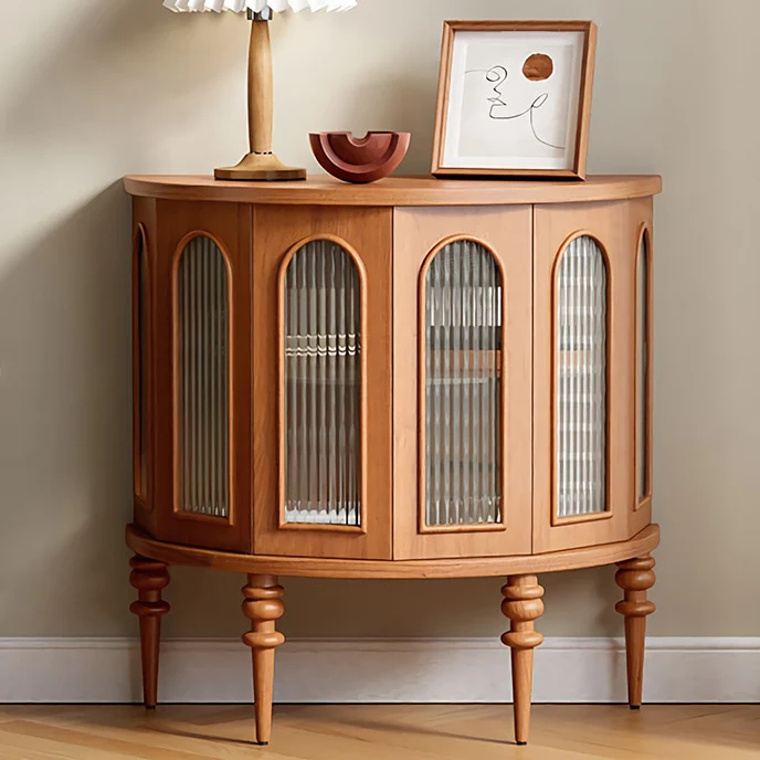 Traditional Vintage Semi-Circular Cherry Wood Plywood Acrylic Sideboard 1-Cabinet For Dining Room