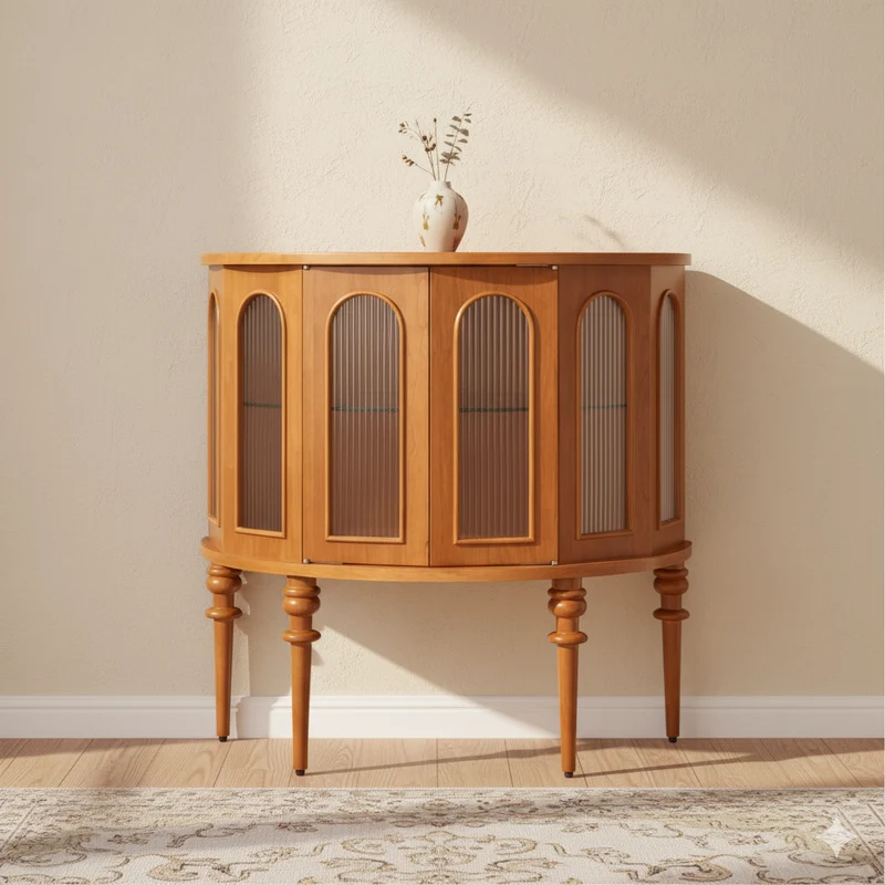 Traditional Vintage Semi-Circular Cherry Wood Plywood Acrylic Sideboard 1-Cabinet For Dining Room