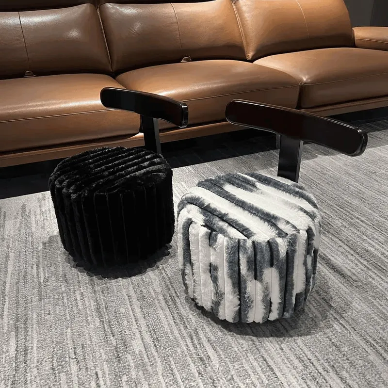 Contemporary Luxury Round Faux Velvet Rubberwood Plywood Movable Low Stool For Living Room