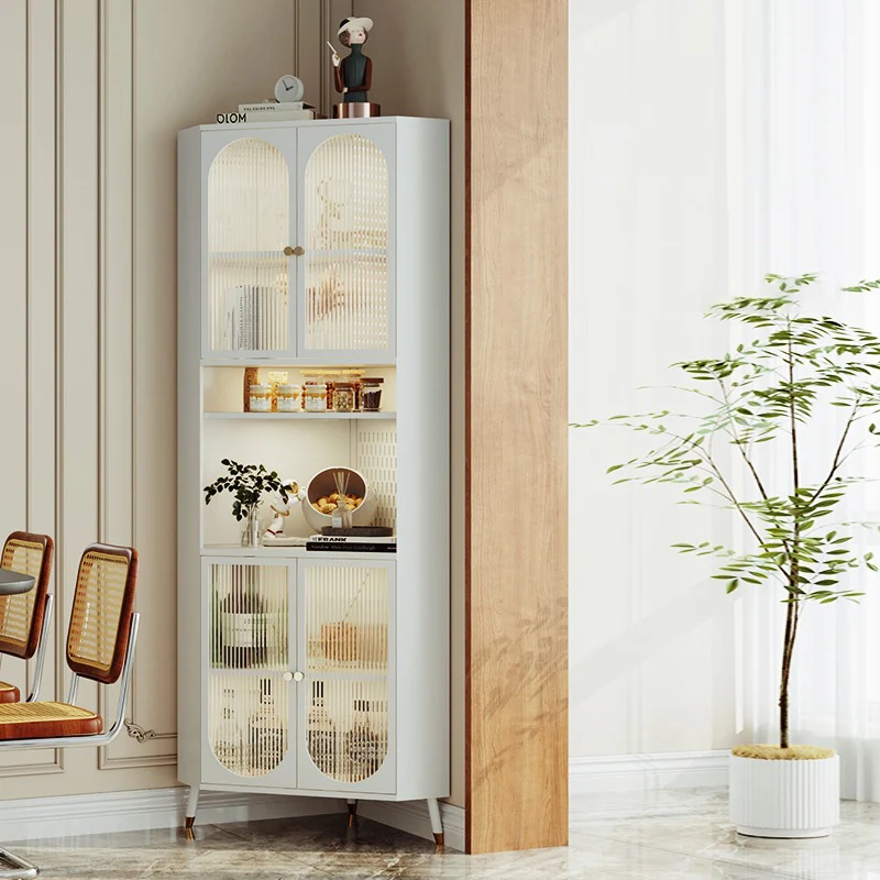 Contemporary Scandinavian Triangular Cold-Rolled Steel Tempered Glass Corner Cabinet 2-Cabinet 2-Tier For Living Room