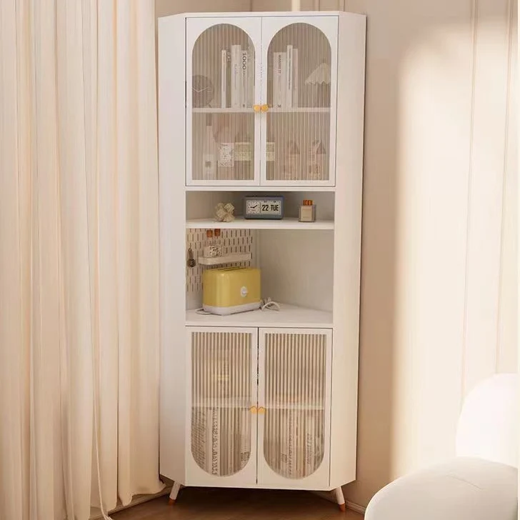 Contemporary Scandinavian Triangular Cold-Rolled Steel Tempered Glass Corner Cabinet 2-Cabinet 2-Tier For Living Room