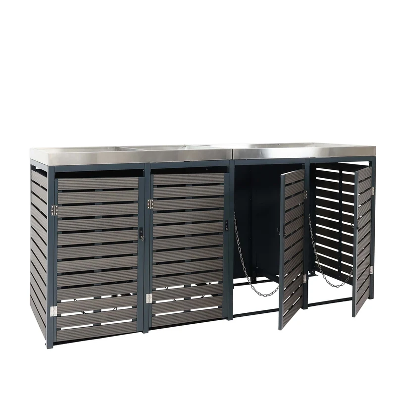 Cache poubelles 4 bacs avec jardinière intégrée et système basculant 124x265x84 cm WPC anthracite acier inoxydable 04_0007558