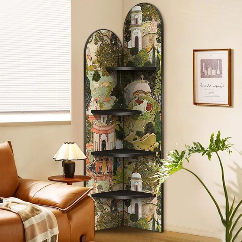 Traditional Chinese Rounded Corner Design Crystal-Finish Surface MDF Corner Shelf Unit 4-Tier For Living Room