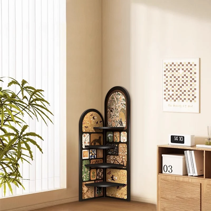 Traditional Chinese Rounded Corner Design Crystal-Finish Surface MDF Corner Shelf Unit 4-Tier For Living Room