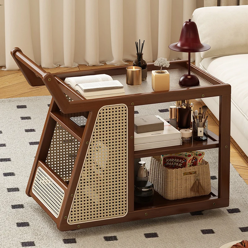 Contemporary Nordic Bamboo Glass Square Movable Plastic Weaving End Table 3-Tier For Living Room