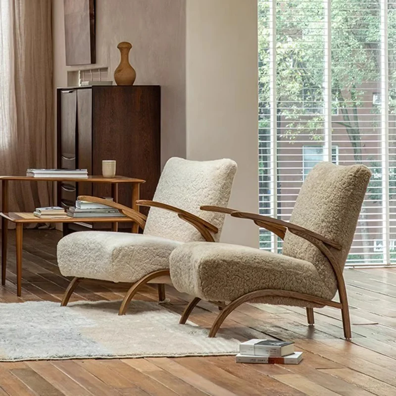 Traditional French Chenille Sherpa Fabric Solid Wood Curved Square Accent Chair With Backrest Armrests For Living Room